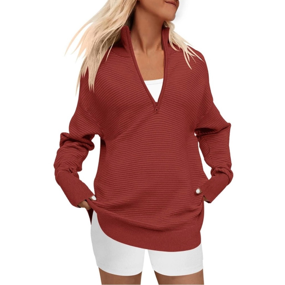 New DEEP SELF 1/4 Zip Pullover Stretch Sweater Stand Collar Ribbed Knit M V-Neck
